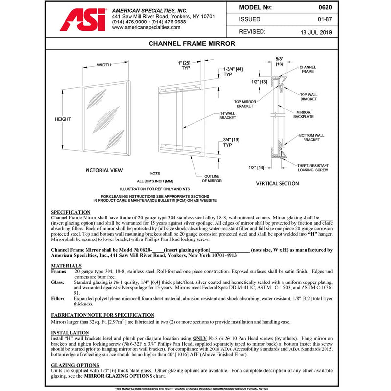 ASI 0620-3048 (30 x 48) Channel Frame Mirror, 20 Gauge Type 304 Stainless Steel Channel 30"W x 48"H