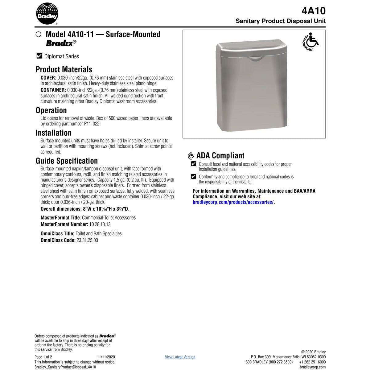 Bradley 4A10-11 Commercial Restroom Sanitary Napkin Disposal, Surface-Mounted, Stainless Steel