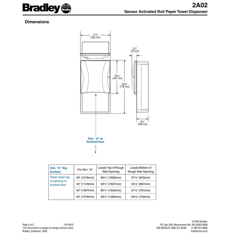 Bradley 2A02 Commercial Paper Towel Dispenser, Recessed-Mounted, Stainless Steel