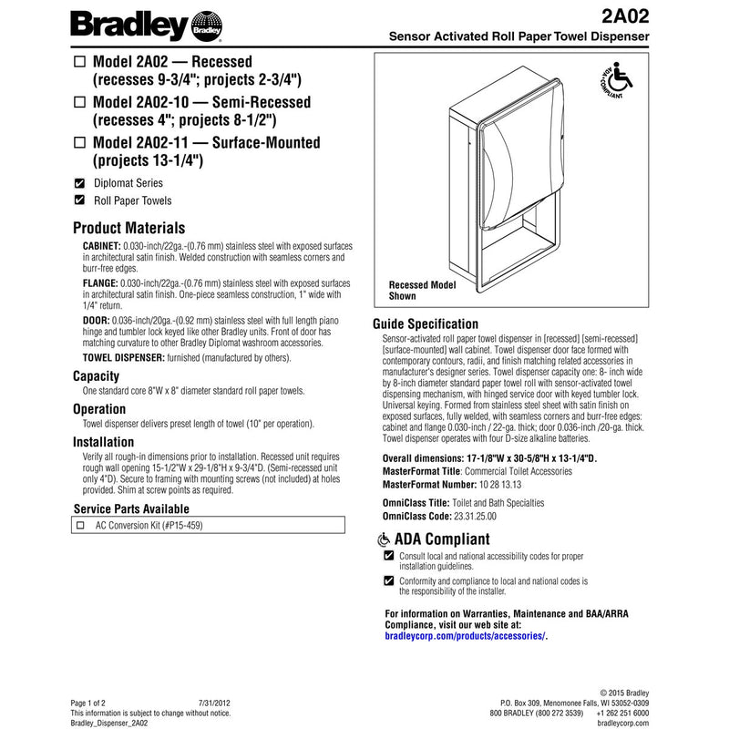 Bradley 2A02 Commercial Paper Towel Dispenser, Recessed-Mounted, Stainless Steel