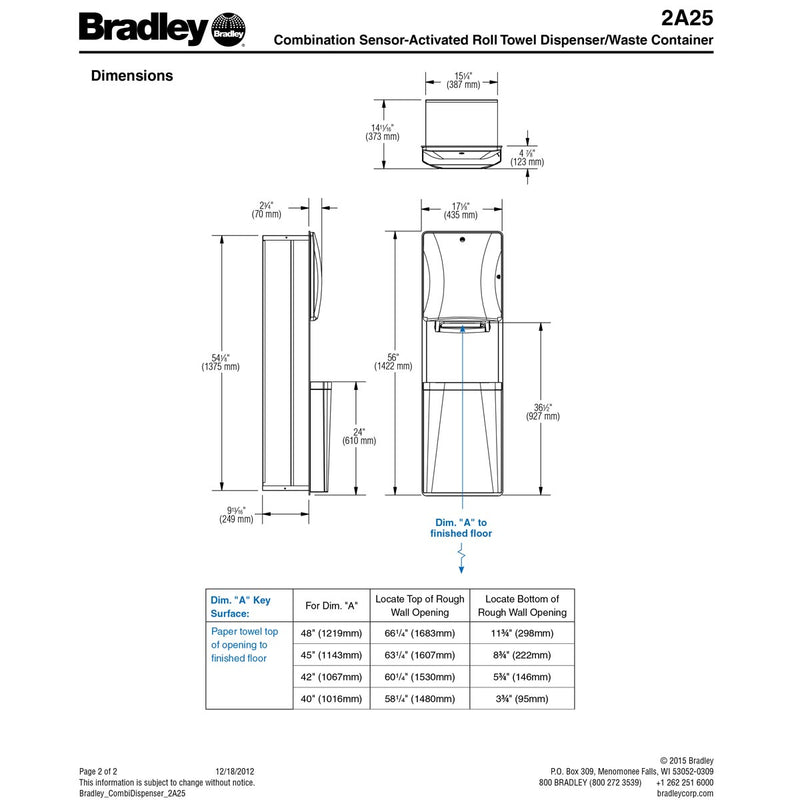 Bradley 2A25-36 Combination Automatic Toilet Paper Dispenser/Waste Receptacle, Recessed-Mounted, Stainless Steel