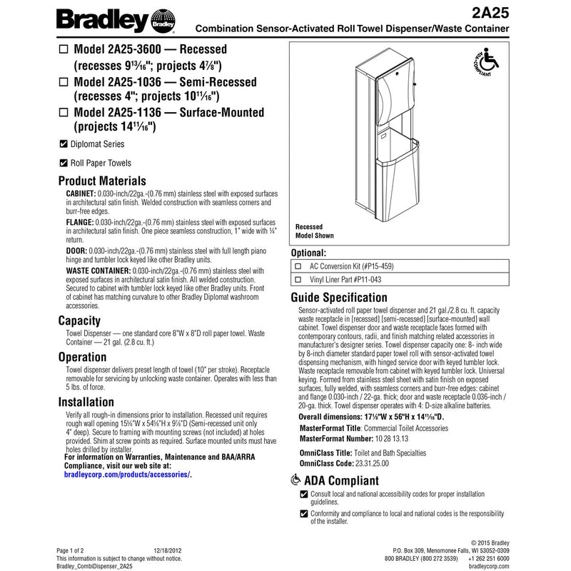 Bradley 2A25-36 Combination Automatic Toilet Paper Dispenser/Waste Receptacle, Recessed-Mounted, Stainless Steel
