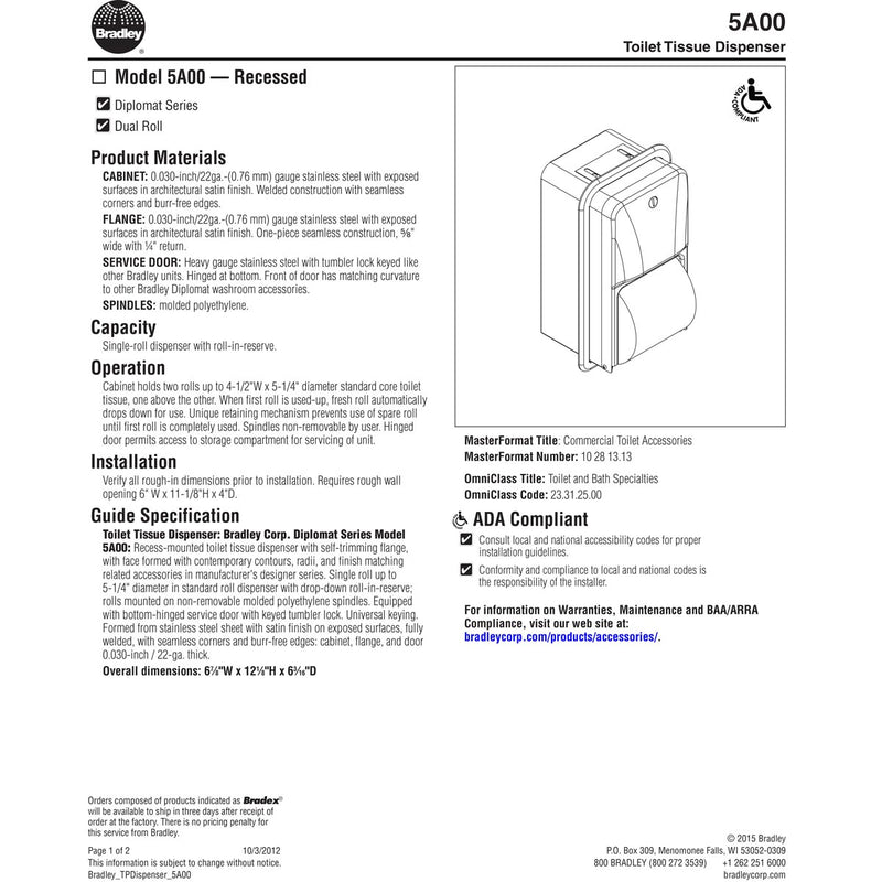 Bradley 5A00 Commercial Toilet Paper Dispenser, Recessed-Mounted, Stainless Steel w/ Satin Finish