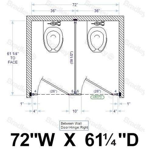 Bradley BW23660 Toilet Partition, 2 Between Wall Compartments, 72"W x 61-1/4"D, Stainless Steel - TotalRestroom.com