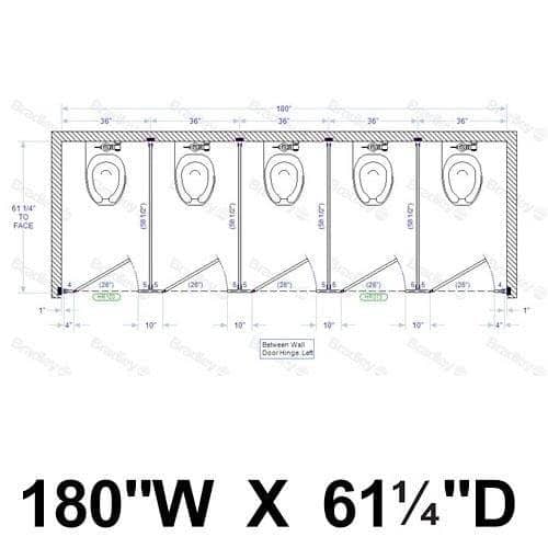 Bradley BW53660 Toilet Partition, 5 Between Wall Compartments, 180" W x 61-1/4" D, Metal - TotalRestroom.com
