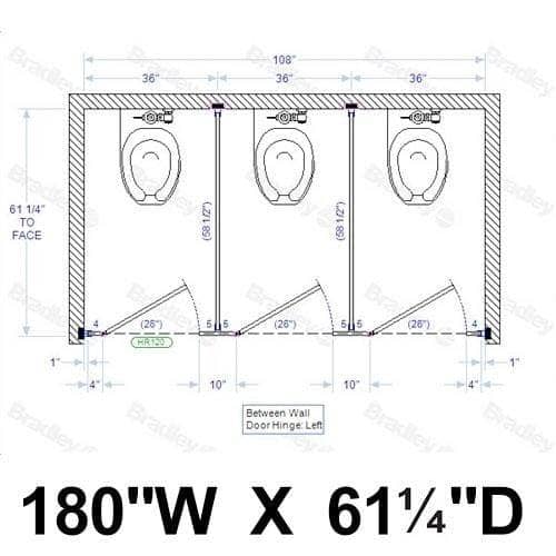 Bradley BW33660 Toilet Partition, 1 ADA Between Wall Compartment, 108" W x 61-1/4" D, Metal - TotalRestroom.com