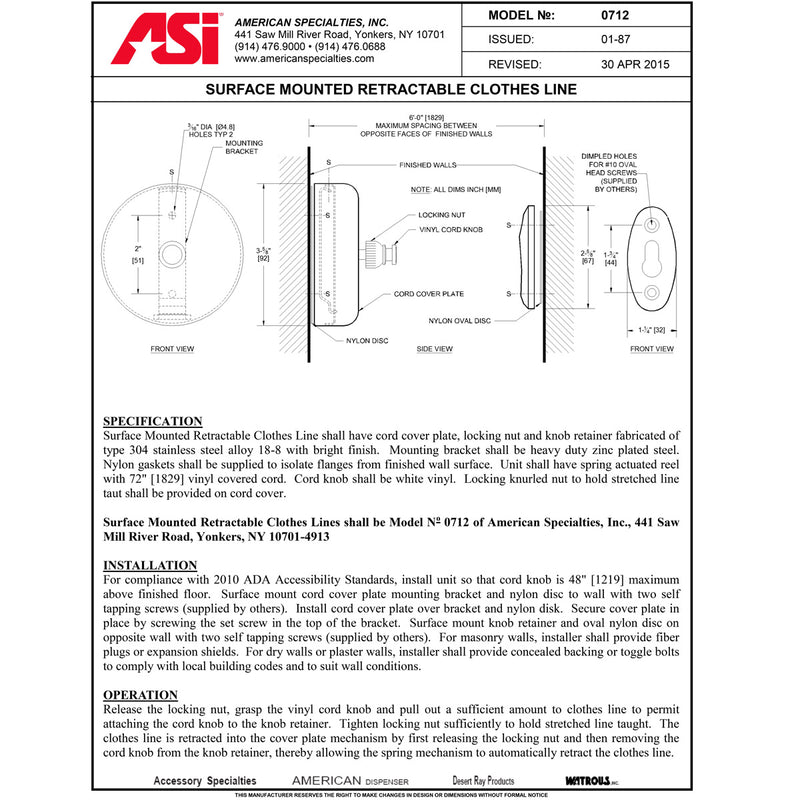 ASI 0712 Commercial Grab Bar Retractable Clothes Line, Surface-Mounted, Stainless Steel
