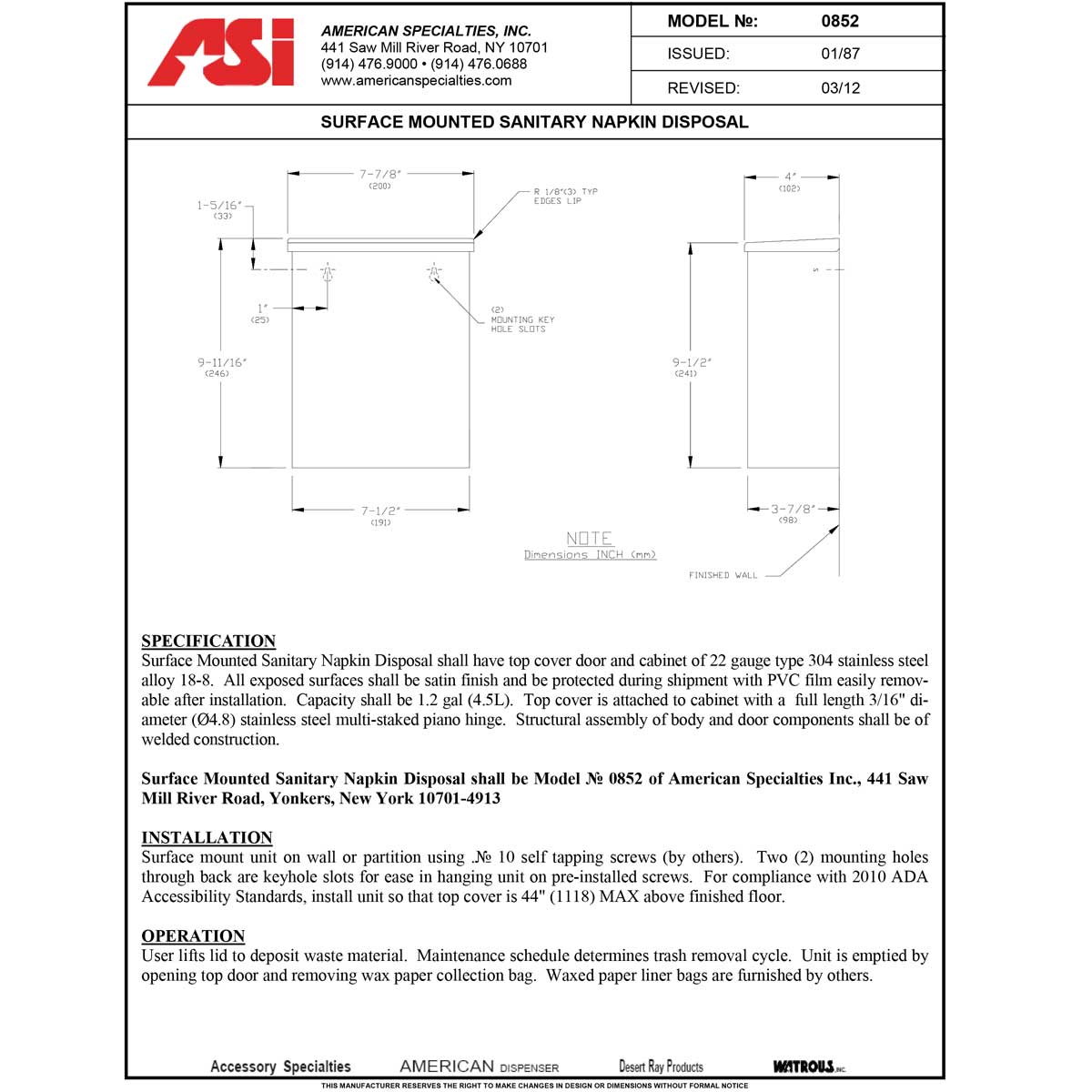 ASI 0852 Commercial Restroom Sanitary Napkin Disposal, Surface-Mounted, Stainless Steel