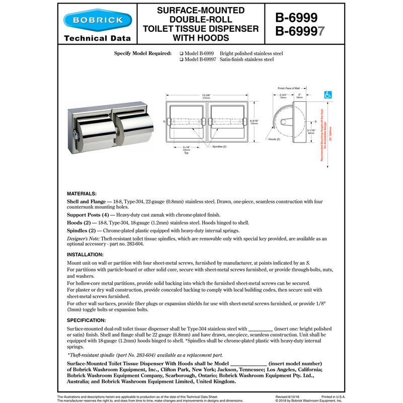 Bobrick B-6999 Commercial Toilet Paper Dispenser w/ Hood, Surface-Mounted, Stainless Steel w/ Bright-Polished Finish