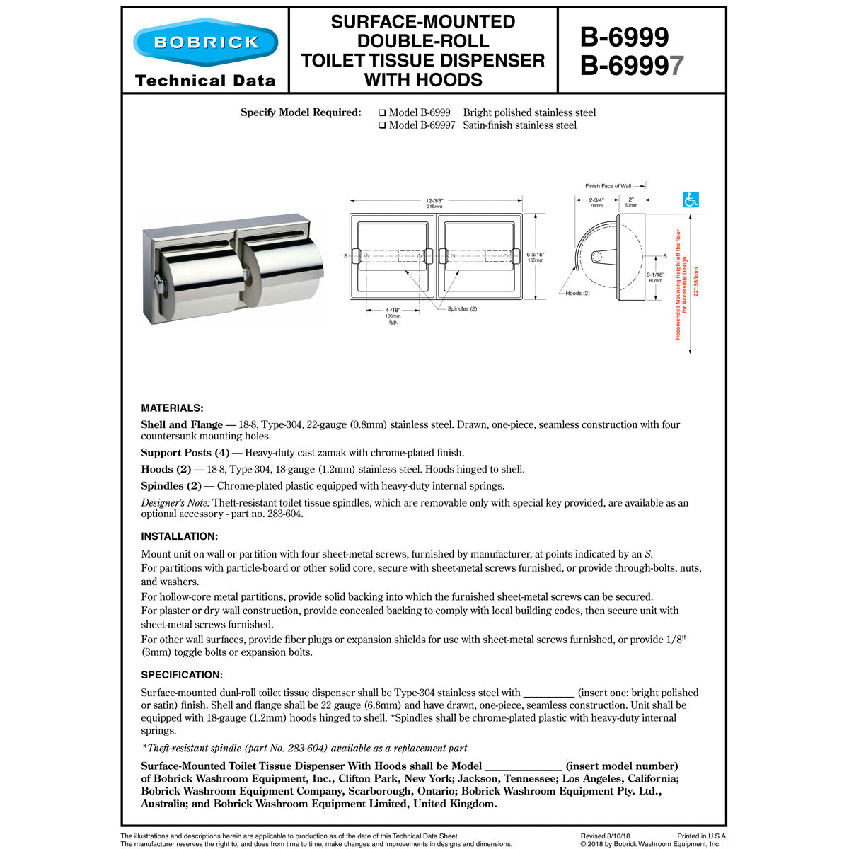 Bobrick B-69997 Commercial Toilet Paper Dispenser w/ Hood, Surface-Mounted, Stainless Steel w/ Chrome Finish