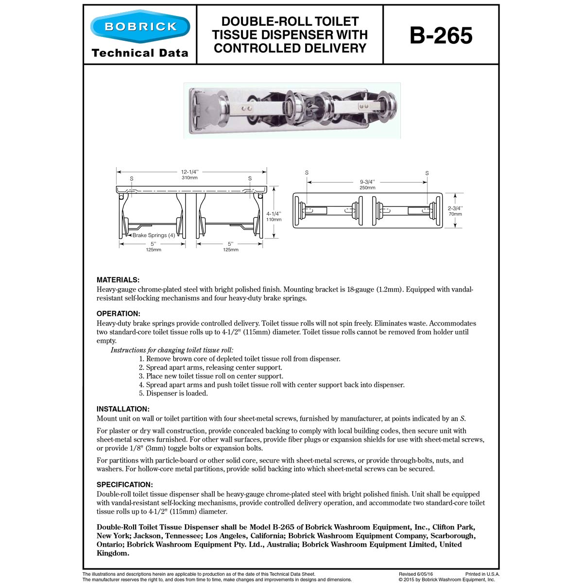 Bobrick B-265 Commercial Double Roll Toilet Paper Dispenser, Surface-Mounted, Stainless Steel