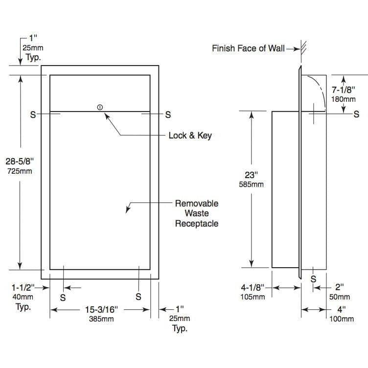 Bobrick B-3644 Commercial Restroom Sanitary Waste Bin, 12 Gallon, Recessed-Mounted, 16" W x 29-1/4" H, 4" D, Stainless Steel - TotalRestroom.com
