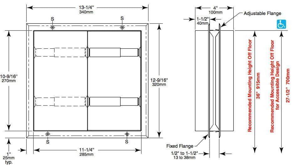 Bobrick B-386 Commercial Toilet Paper Dispenser, Partition-Mounted, Stainless Steel w/ Satin Finish - TotalRestroom.com