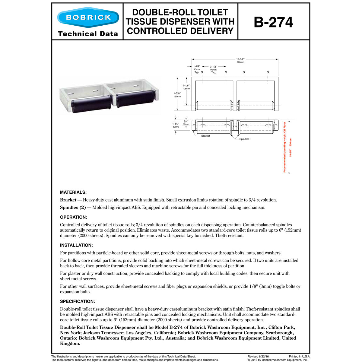 Bobrick B-274 Commercial Double Roll Toilet Paper Dispenser, Surface-Mounted, Metal