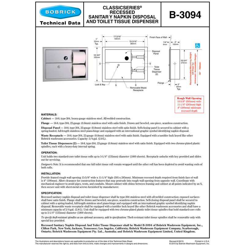 Bobrick B-3094 Combination Commercial Sanitary Napkin Disposal and Toilet Paper Dispenser, Recessed-Mounted, Stainless Steel