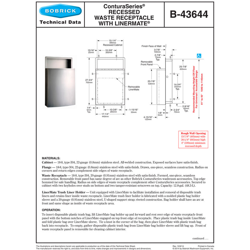 Bobrick B-43644 Commercial Restroom Sanitary Waste Bin, 12.8 Gallon, Recessed-Mounted, 15-7/8" W x 26-1/4" H, 4" D, Stainless Steel