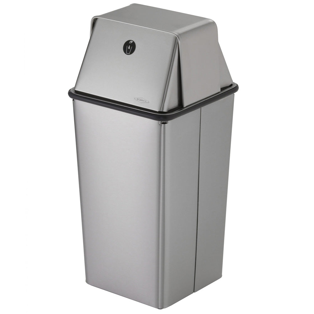 Bobrick B-2250 Floor-Standing Swing-Top Commercial Waste Receptacle, 13 Gallon, Free-Standing, 13-3/8" W x 29-1/2" H, 13-3/8" D, Stainless Steel