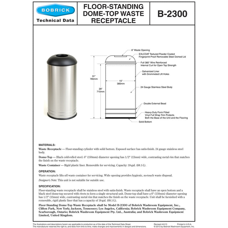 Bobrick B-2300 Commercial Restroom Sanitary Waste Bin, 12 Gallon, Recessed-Mounted, 15" Diameter x 31" H, 18-1/2" D, Stainless Steel