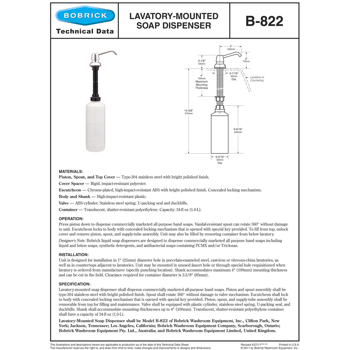 Bobrick B-822 Commercial Liquid Soap Dispenser, Countertop Mounted, Manual-Push, Stainless Steel - 4" Spout Length