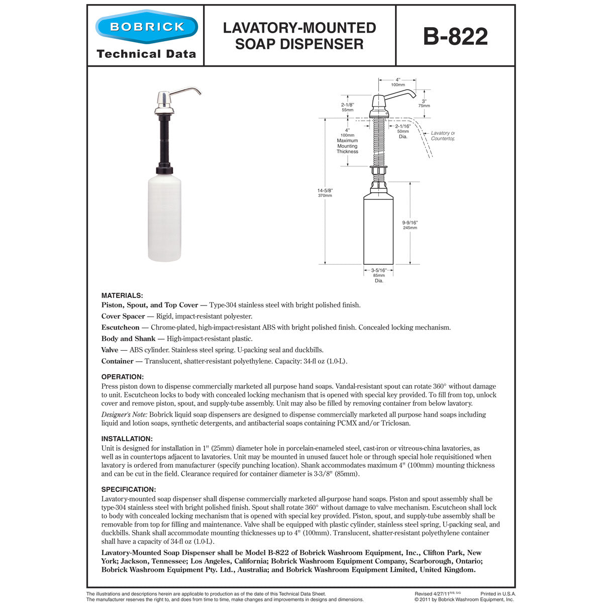 Bobrick B-822 (34 oz) Commercial Liquid Soap Dispenser, Countertop Mounted, Manual-Push, Stainless Steel - 4" Spout Length