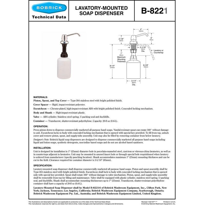 Bobrick B-8221 Commercial Liquid Soap Dispenser, Countertop Mounted, Manual-Push, Stainless Steel - 4" Spout Length