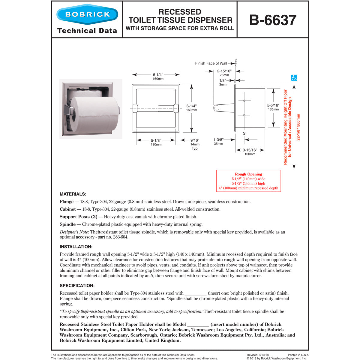 Bobrick B-6637 Commercial Toilet Paper Dispenser, Recessed-Mounted, Stainless Steel w/ Satin Finish