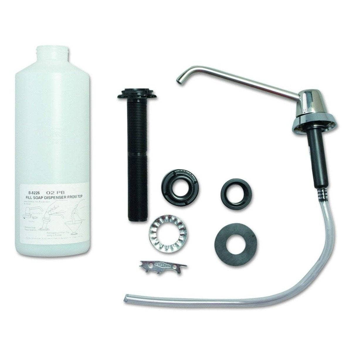 Bobrick B-8226 Commercial Liquid Soap Dispenser, Countertop Mounted, Manual-Push, Stainless Steel - 6" Spout Length - TotalRestroom.com