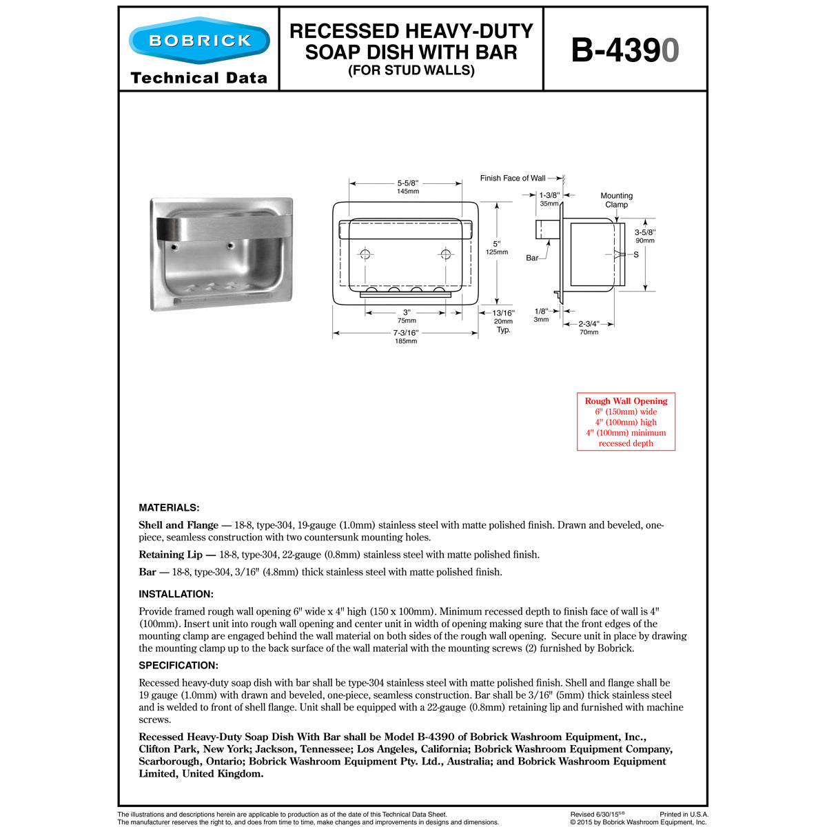 Bobrick B-4390 Heavy-Duty Soap Dish & Bar, Recessed-Mounted, Stainless Steel