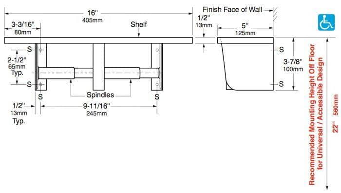 Bobrick B-2840 Toilet Paper Dispenser Utility Shelf, 16" W x 3-7/8" H x 5" D, Surface-Mounted, Stainless Steel w/ Satin Finish - TotalRestroom.com