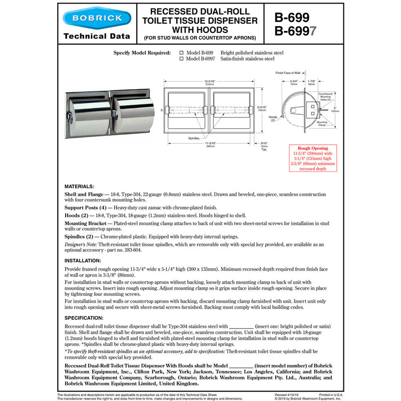 Bobrick B-6997 Commercial Toilet Paper Dispenser w/ Hood, Recessed-Mounted, Stainless Steel w/ Satin Finish