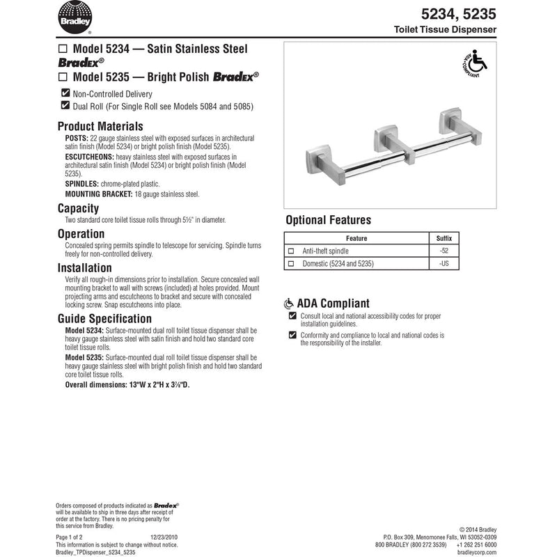 Bradley 5235-000000 Commercial Heavy-Duty Toilet Paper Dispenser, Surface-Mounted, Stainless Steel w/ Bright-Polished Finish