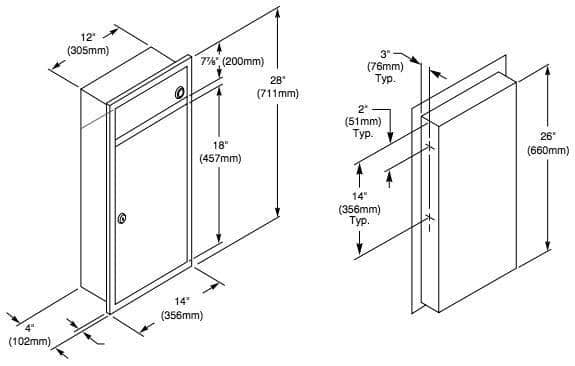Bradley 3251-00 Commercial Restroom Waste Receptacle, 12 Gallon, Recessed-Mounted, 12-1/2