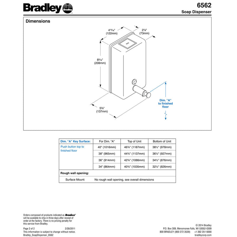 Bradley 6562 Commercial Liquid Soap Dispenser, Surface-Mounted, Manual-Push, Stainless Steel - 40 Oz