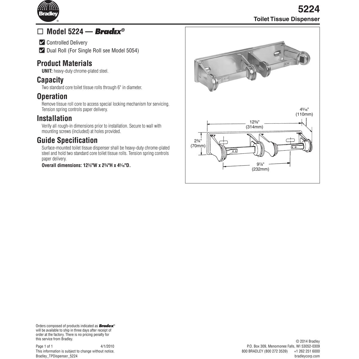 Bradley 5224-00 Commercial Double Roll Toilet Paper Dispenser, Surface-Mounted, Metal