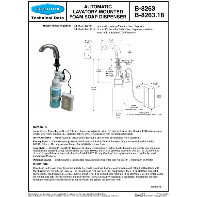 Bobrick B-8263.18 Commercial Foam Soap Dispenser Starter Kit, Surface-Mounted, Touch-Free - 6" Spout Length