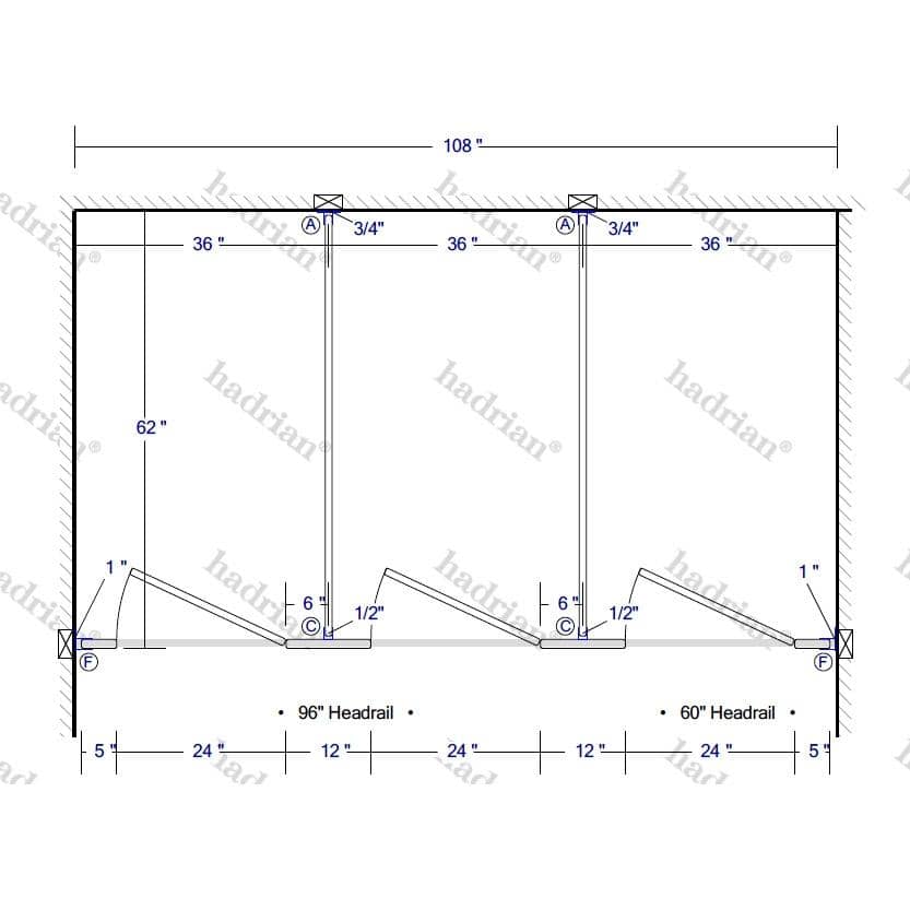 Hadrian Toilet Partition, 3 Between Wall Compartments, Plastic, 108"W x 61-1/4"D - BW33660-PL-HADRIAN - TotalRestroom.com
