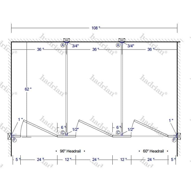 Hadrian Toilet Partition, 3 Between Wall Compartments, Stainless Steel, 108"W x 61 1/4"D - BW33660-SS-HADRIAN - TotalRestroom.com