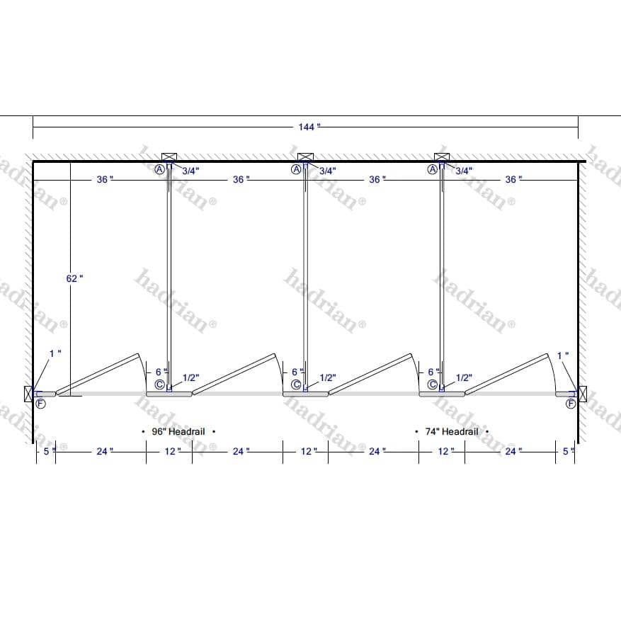 Hadrian Toilet Partition, 4 Between Wall Compartments, Plastic, 144"W x 61-1/4"D - BW43660-PL-HADRIAN - TotalRestroom.com
