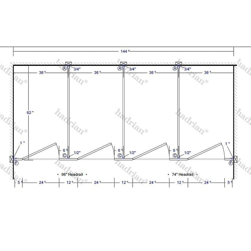 Hadrian Toilet Partition, 4 Between Wall Compartments, Plastic, 144"W x 61-1/4"D - BW43660-PL-HADRIAN - TotalRestroom.com
