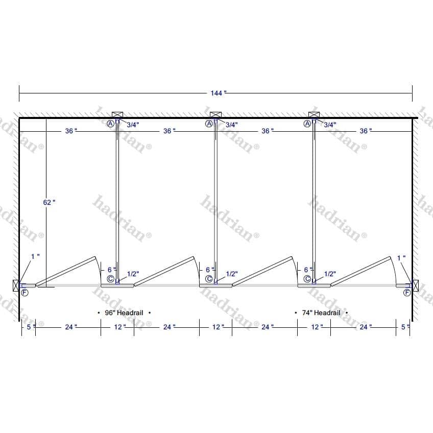 Hadrian Toilet Partition, 4 Between Wall Compartments, Metal, 144"W x 61 1/4"D - BW43660-HADRIAN - TotalRestroom.com