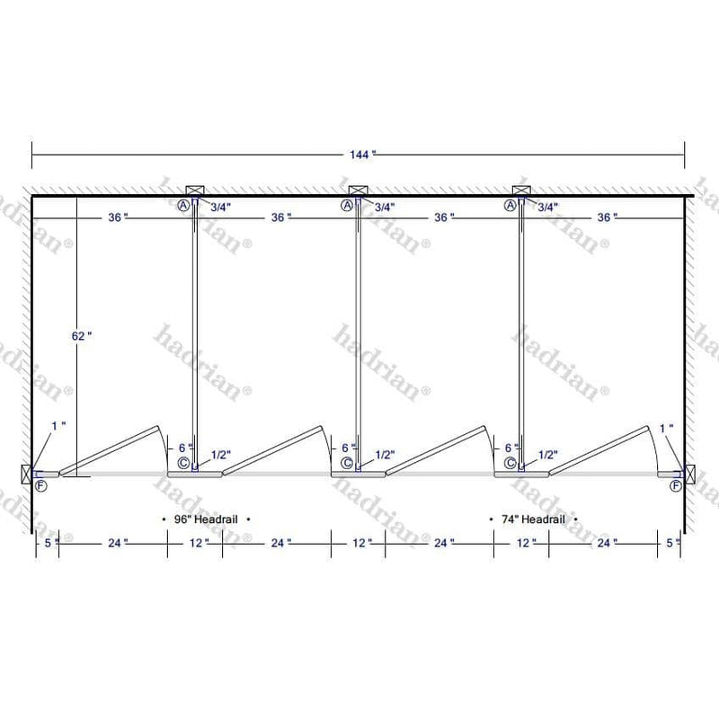 Hadrian Toilet Partition, 4 Between Wall Compartments, Metal, 144"W x 61 1/4"D - BW43660-HADRIAN - TotalRestroom.com