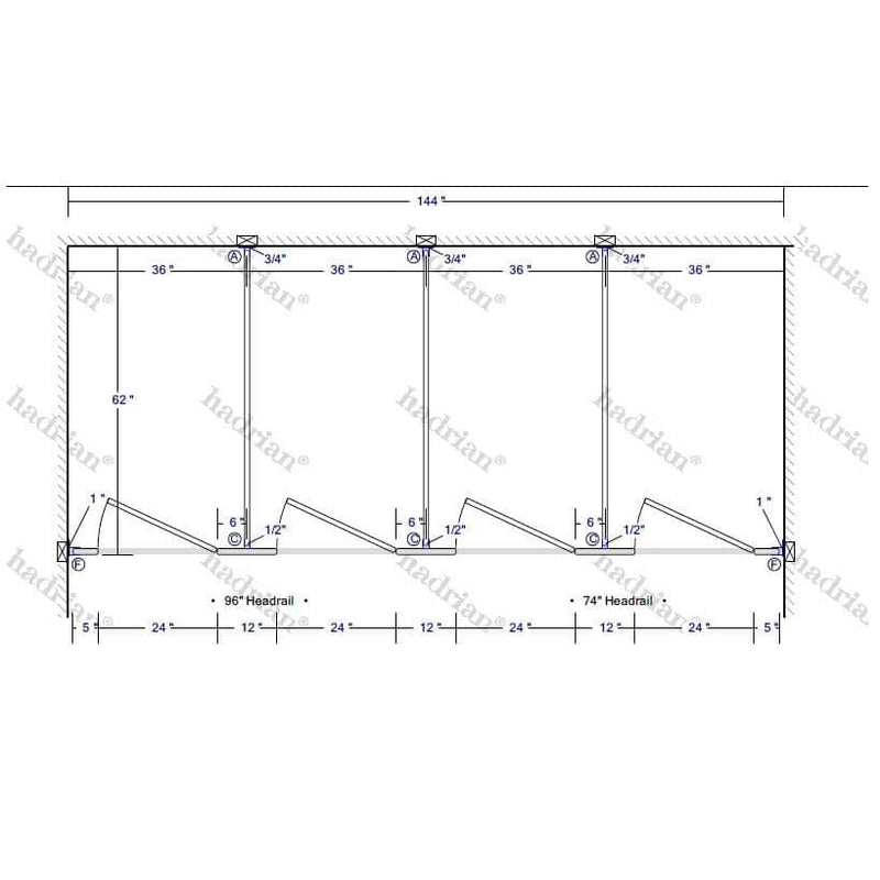 Hadrian Toilet Partition, 4 Between Wall Compartments, Stainless Steel, 144"W x 61 1/4"D - BW43660-SS-HADRIAN - TotalRestroom.com