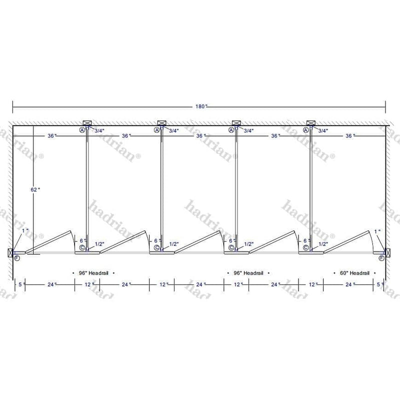 Hadrian Toilet Partition, 5 Between Wall Compartments, Plastic, 180"W x 61-1/4"D - BW53660-PL-HADRIAN - TotalRestroom.com