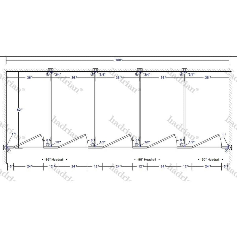 Hadrian Toilet Partition, 5 Between Wall Compartments, Metal, 180"W x 61 1/4"D - BW53660-HADRIAN - TotalRestroom.com