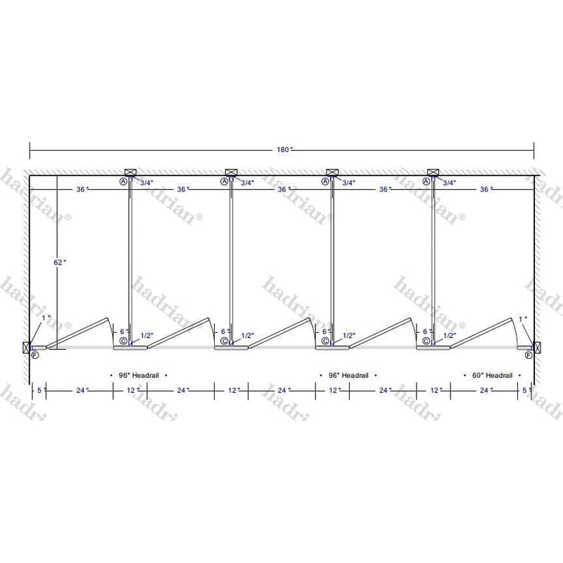 Hadrian Toilet Partition, 5 Between Wall Compartments, Stainless Steel, 180"W x 61 1/4"D - BW53660-SS-HADRIAN - TotalRestroom.com