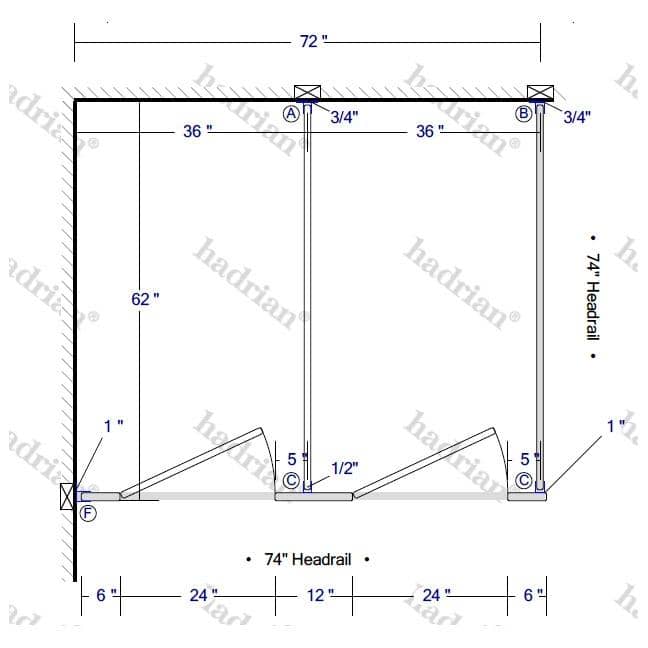 Hadrian Toilet Partition, 2 In Corner Compartments, Stainless Steel, 72"W x 61 1/4"D - IC23660-SS-HADRIAN - TotalRestroom.com