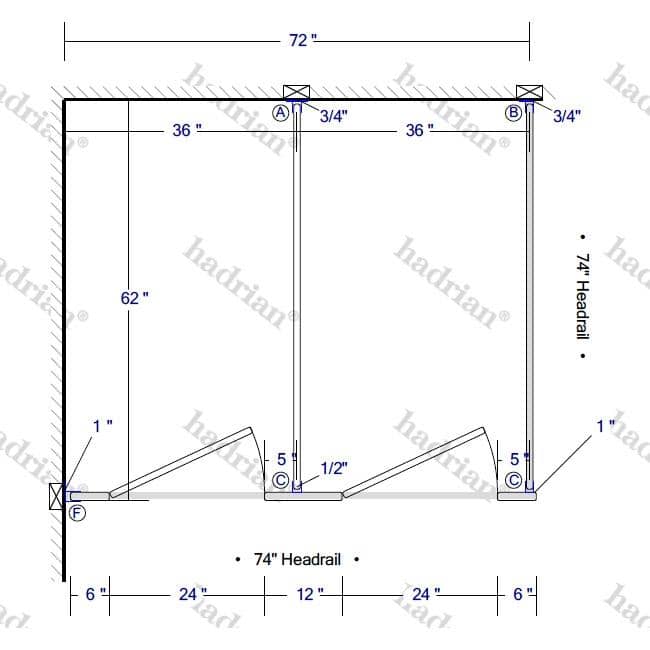 Hadrian Bathroom Partition, 2 In Corner Compartments, Metal, 72