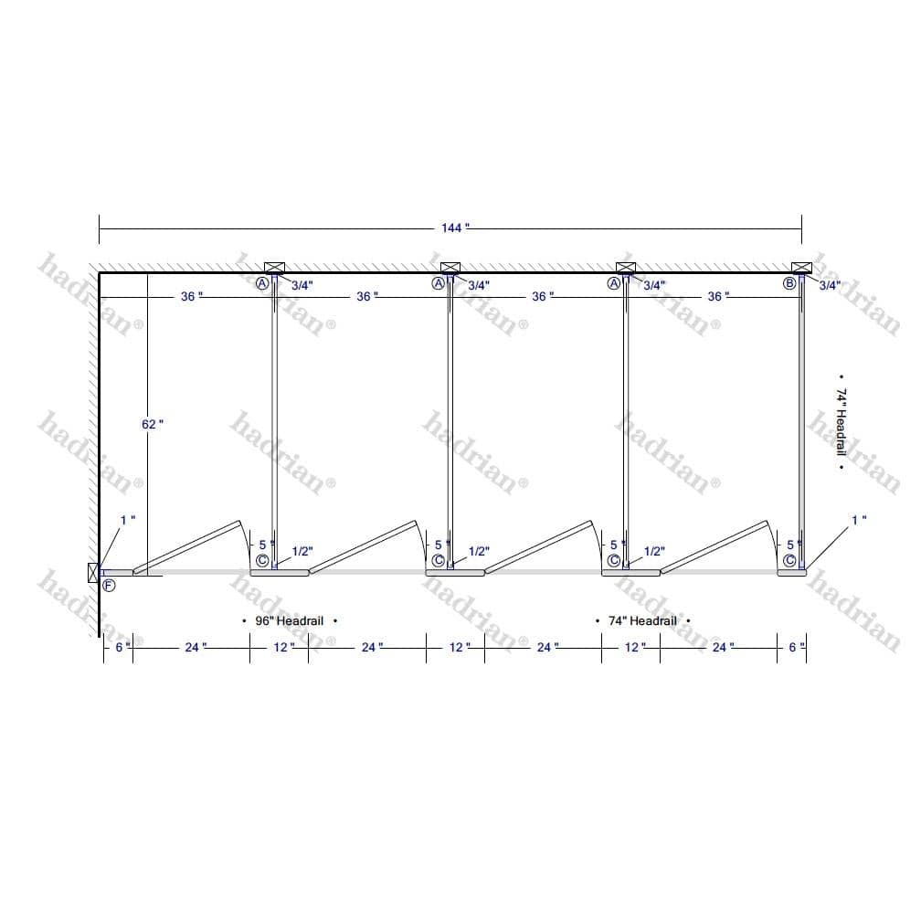 Hadrian Toilet Partition, 4 In Corner Compartments, Stainless Steel, 144"W x 61 1/4"D - IC43660-SS-HADRIAN - TotalRestroom.com