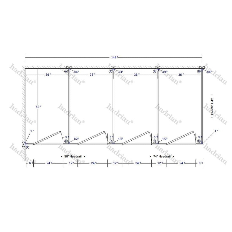 Hadrian Toilet Partition, 4 In Corner Compartments, Stainless Steel, 144"W x 61 1/4"D - IC43660-SS-HADRIAN - TotalRestroom.com