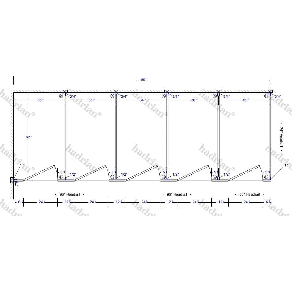 Hadrian Toilet Partition, 5 In Corner Compartments, Plastic, 180"W x 61-1/4"D - IC53660-PL-HADRIAN - TotalRestroom.com